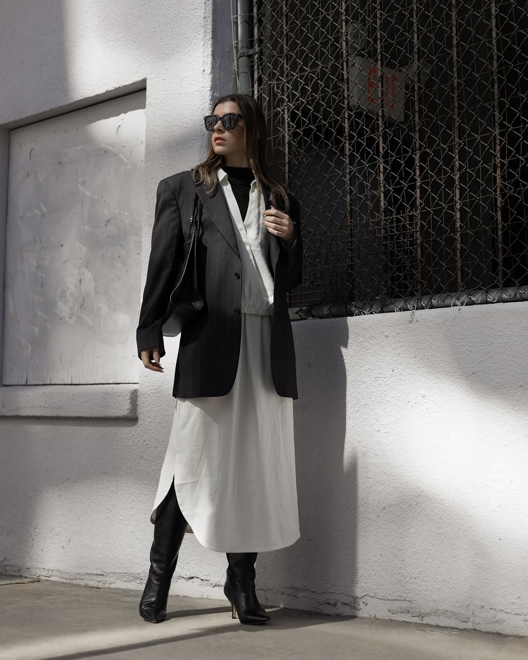Relaxed Monochrome Layering With Pinstripe Oversized Blazer
