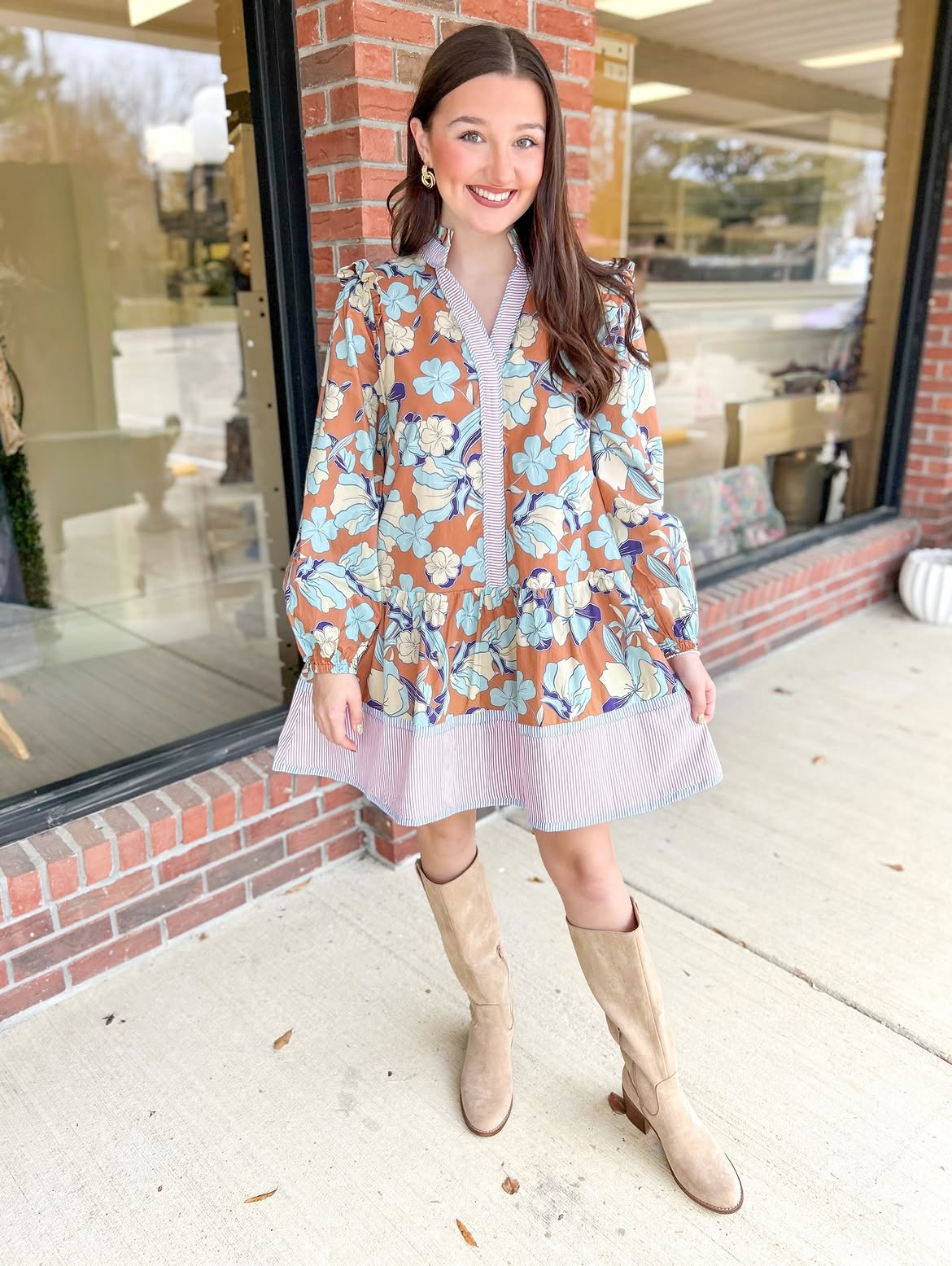 Retro Floral Print Fall Mini Dress With Boots