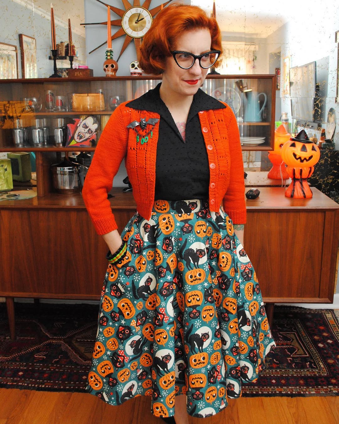 Retro Halloween Black Cat Pumpkin Print Midi Skirt