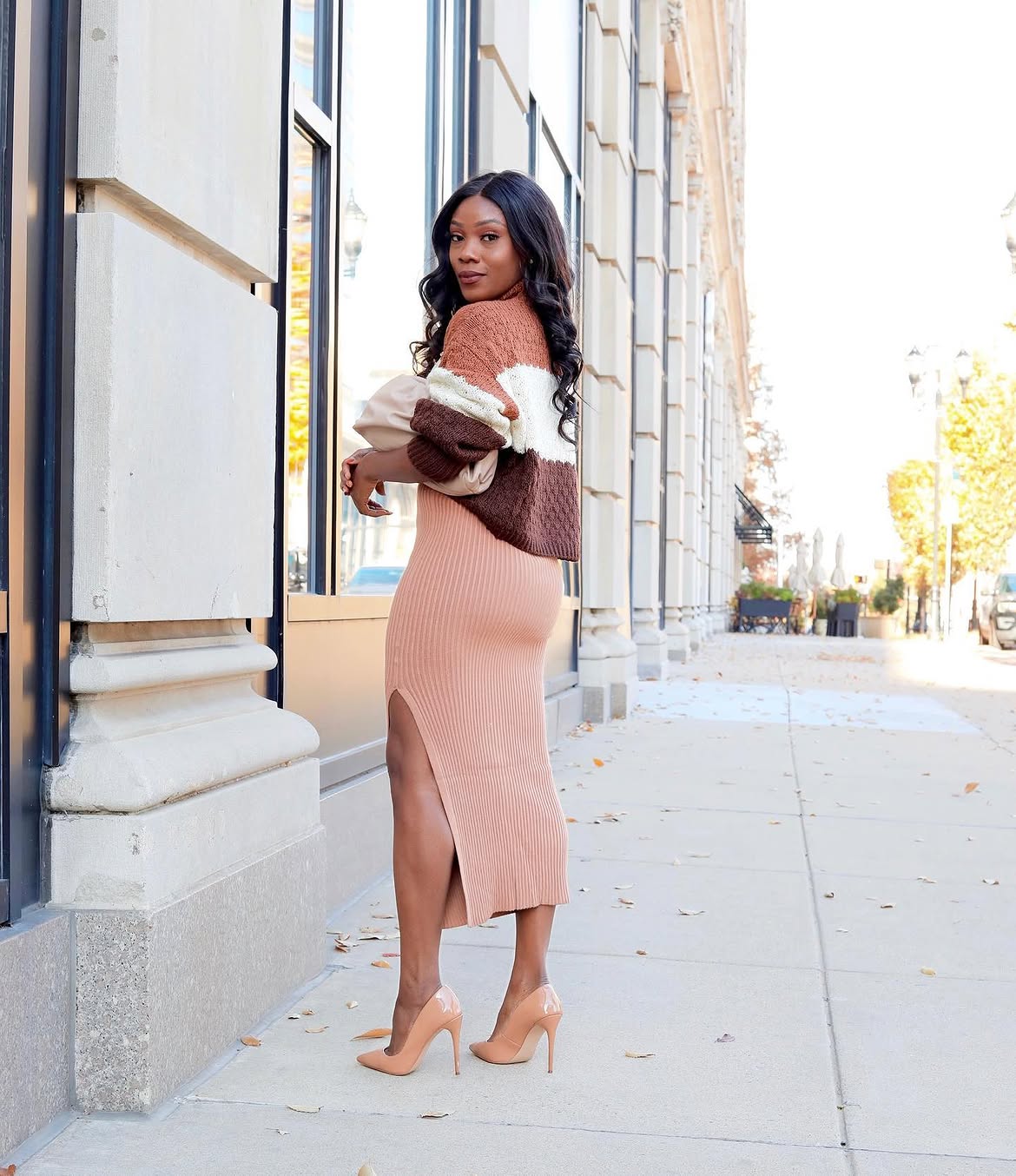 Ribbed Knit Midi Skirt With Colorblock Sweater