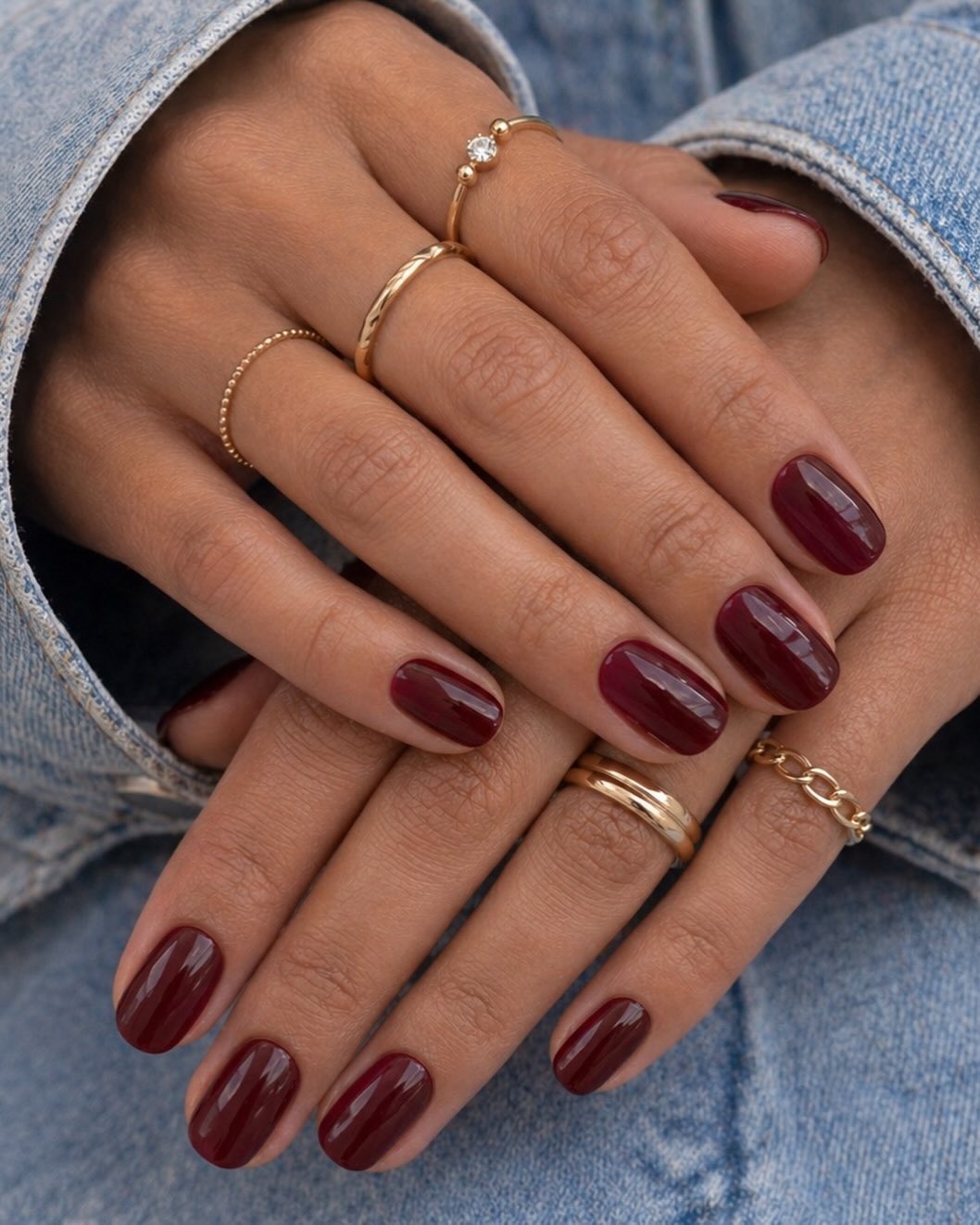 Rich Burgundy Glossy Short Oval Nails
