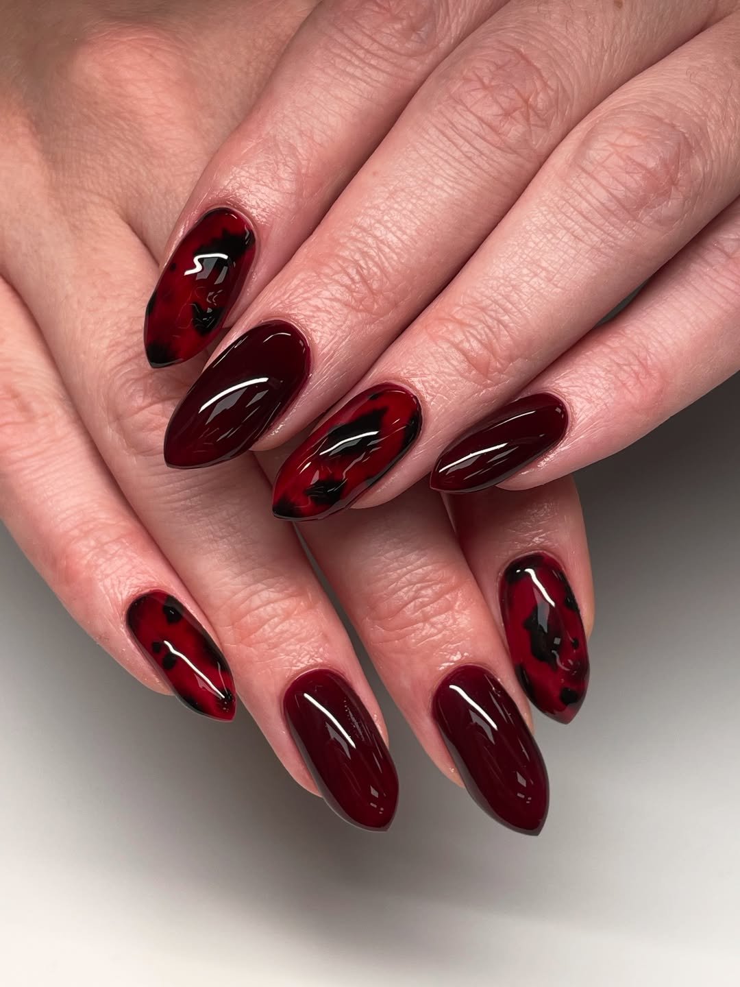 Rich Wine Red Leopard Print Almond Nails