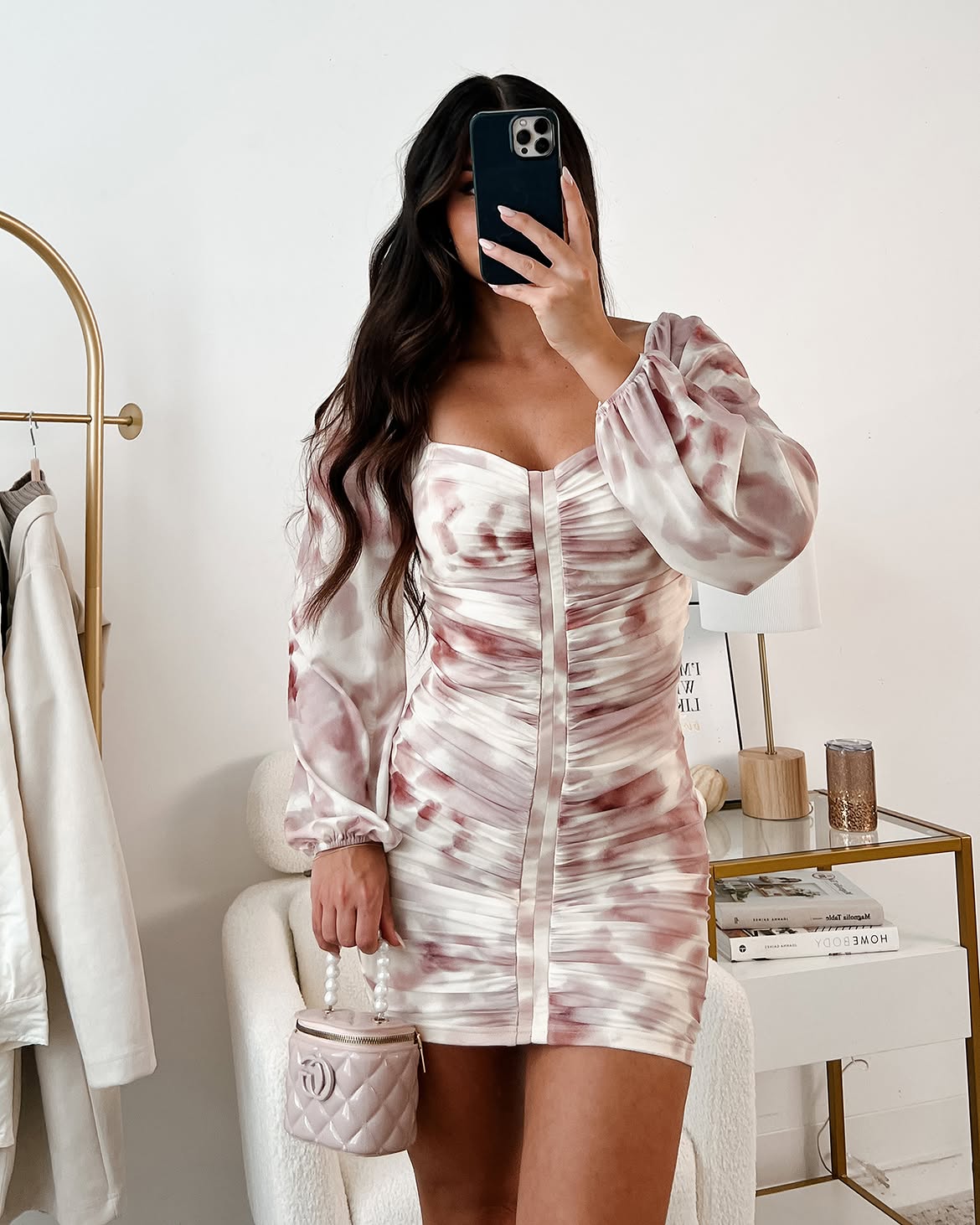 Ruched Tie-Dye Mini Dress With Pearl Top Handle Bag