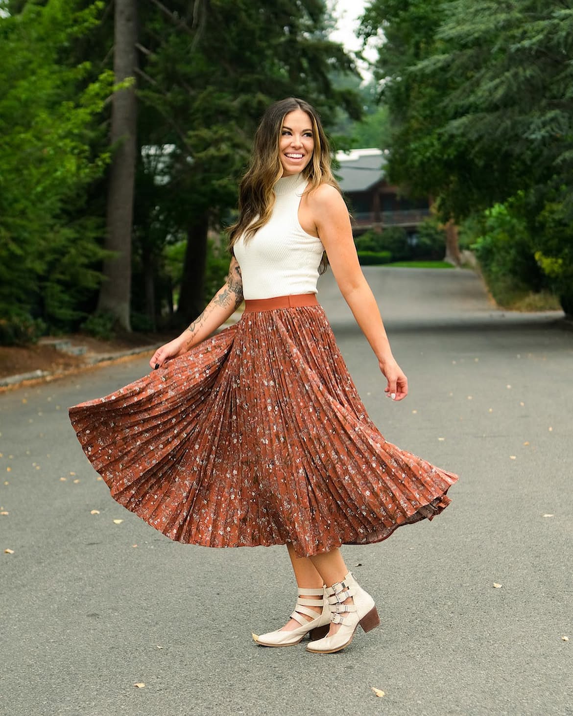 Rust Floral Pleated Midi Skirt With White Knit Top