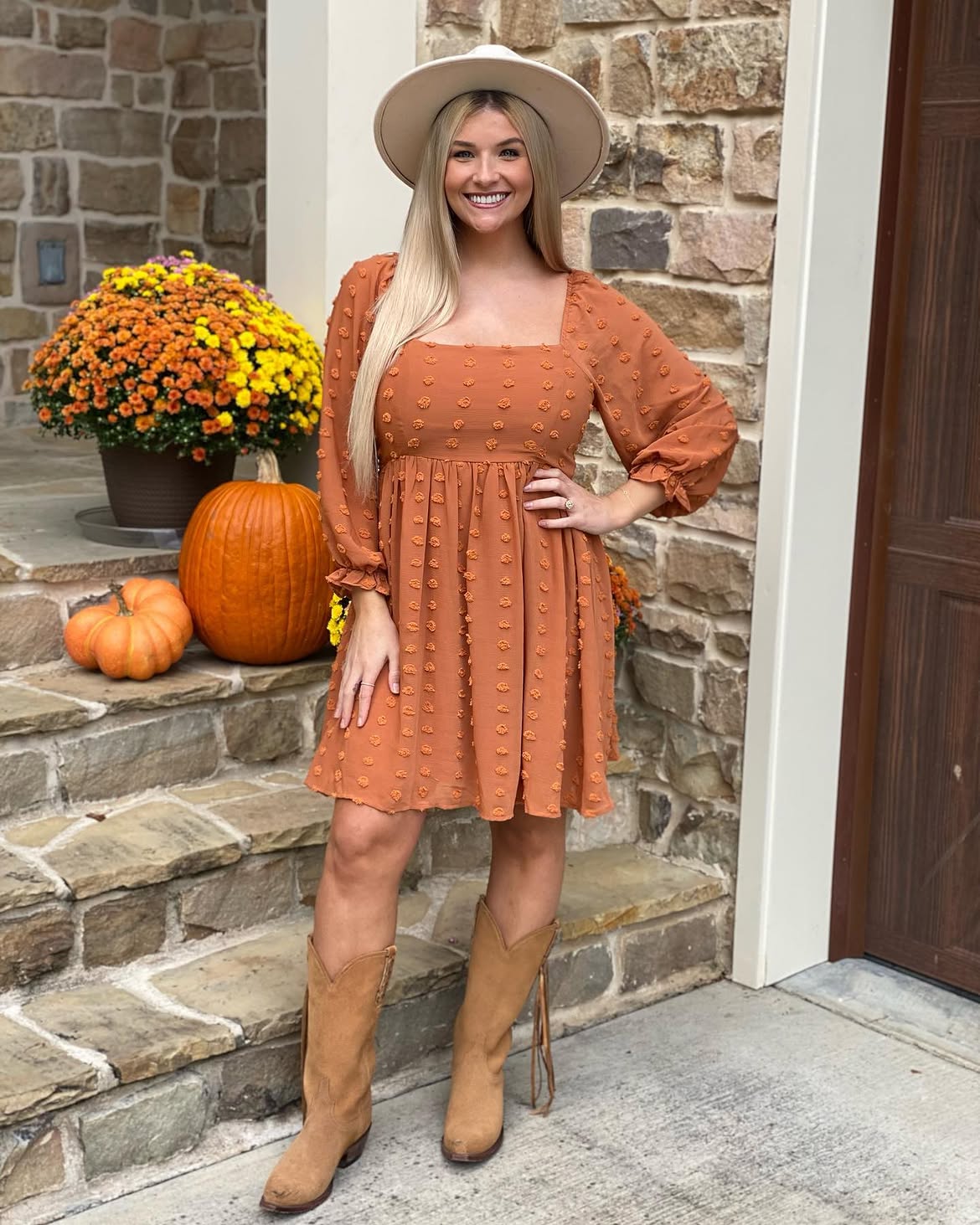 Rust Textured Mini Dress With Cowboy Boots