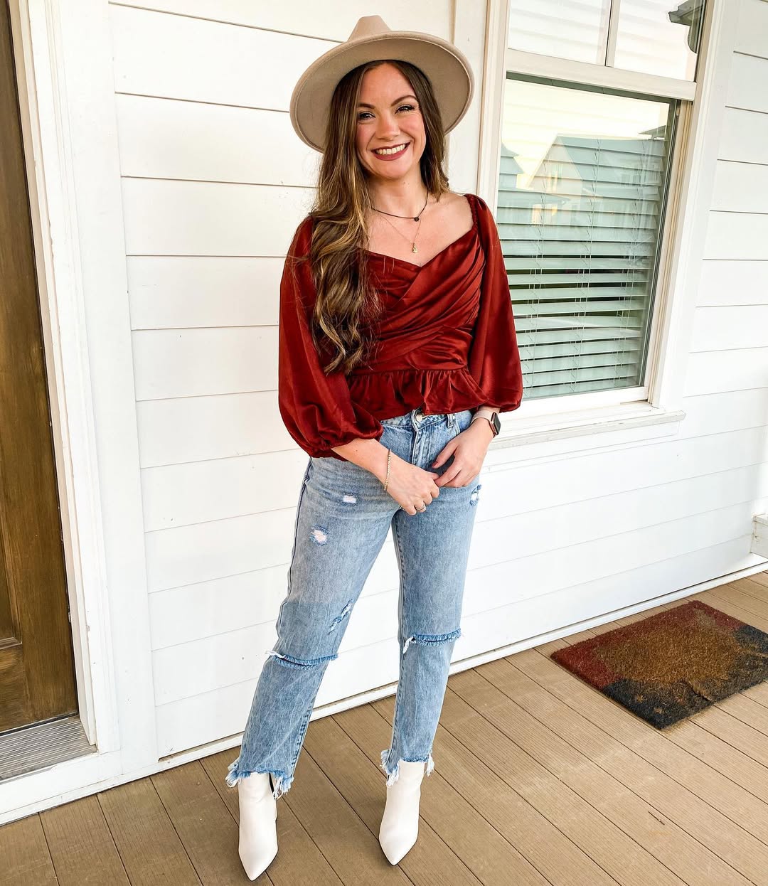 Rust Velvet Top With Distressed Denim and White Boots