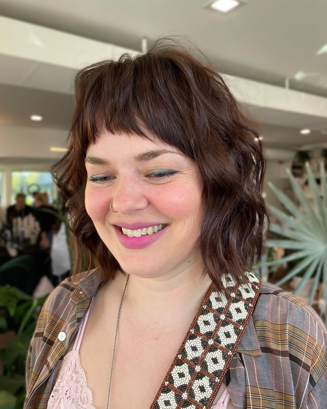 Shaggy Brunette Bob With Blunt Bangs