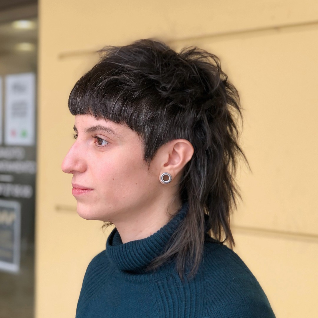 Shaggy Brunette Mullet with Baby Bangs