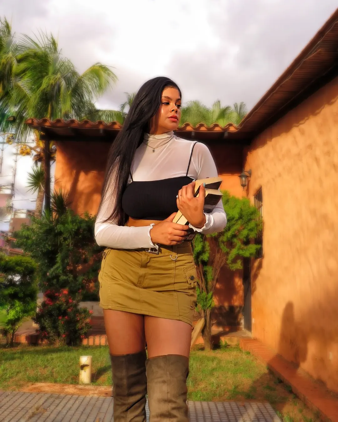 Sheer Long Sleeve Top With Cargo Skirt & Boots