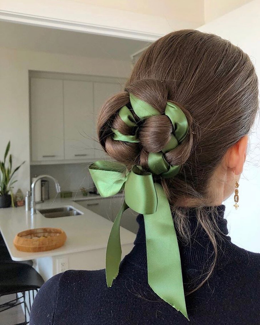 Sleek Ribbon-Woven Bun With Long Draped Ties
