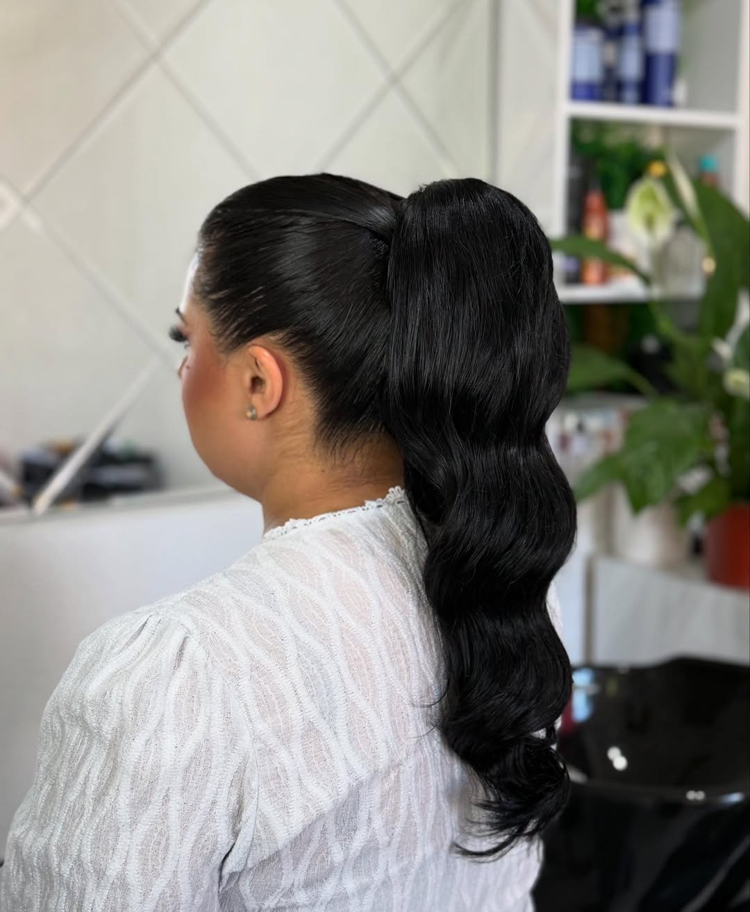 Sleek Wavy Ponytail Jet Black Hair
