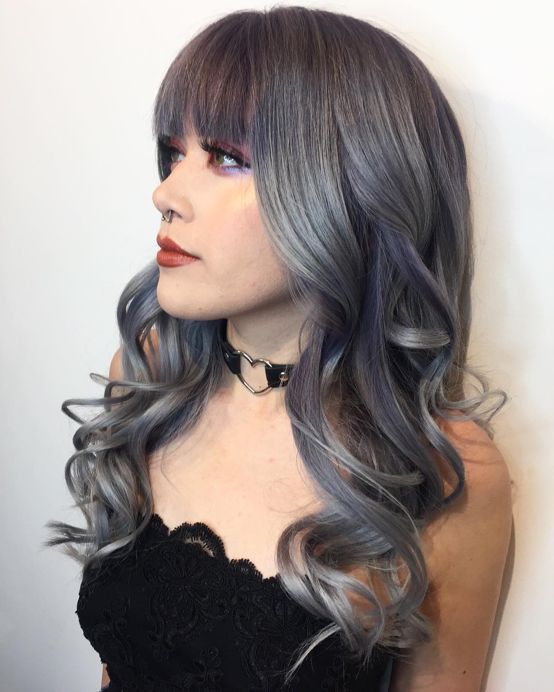 Smoky Lavender Streaked Silver Wavy Hair