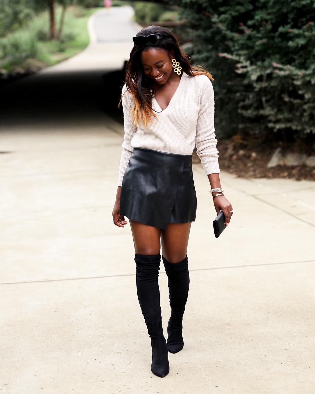 Soft Knit Wrap Top And Leather Skirt