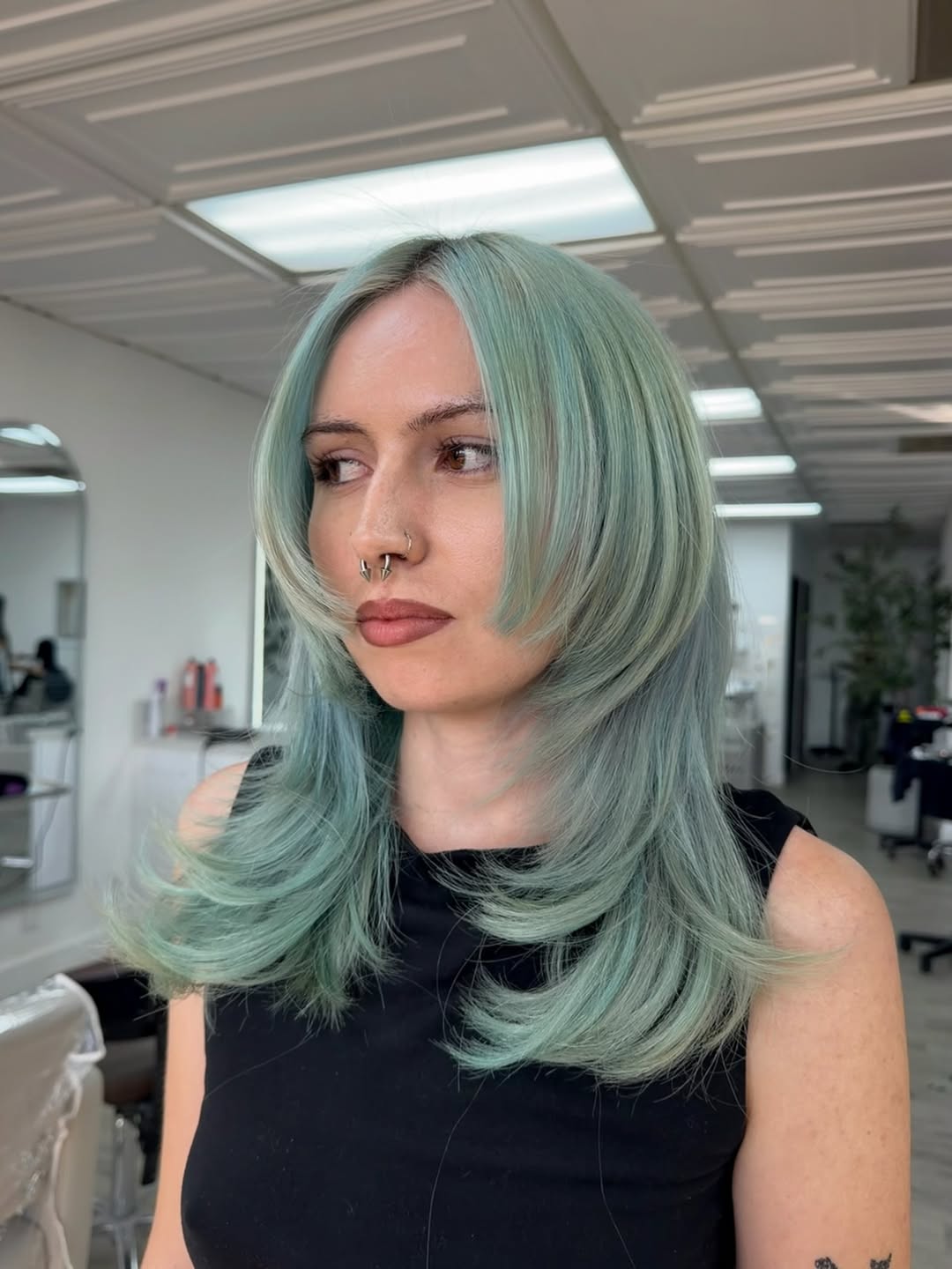 Soft Mint Shag with Voluminous Face-Framing Layers