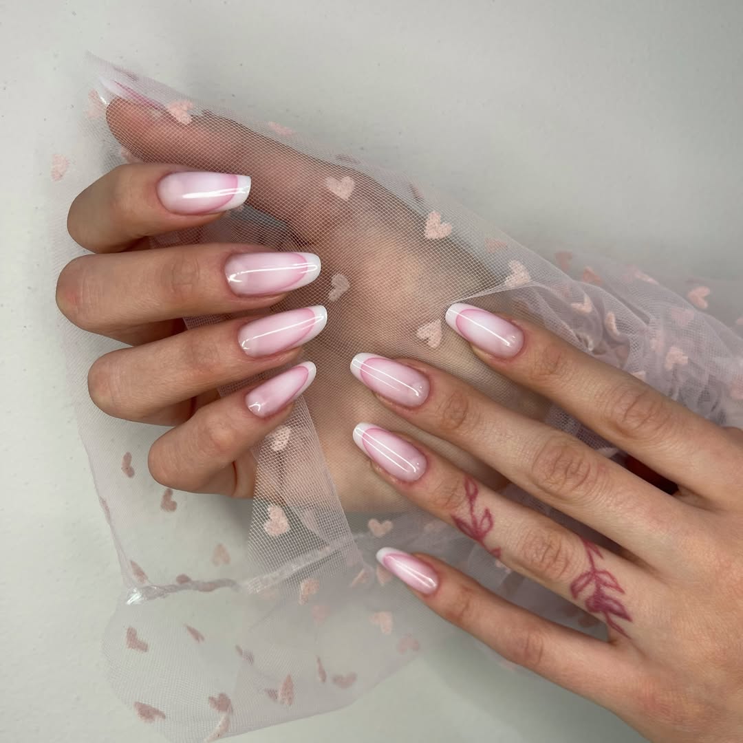 Soft Pink Ombre French Almond Nails