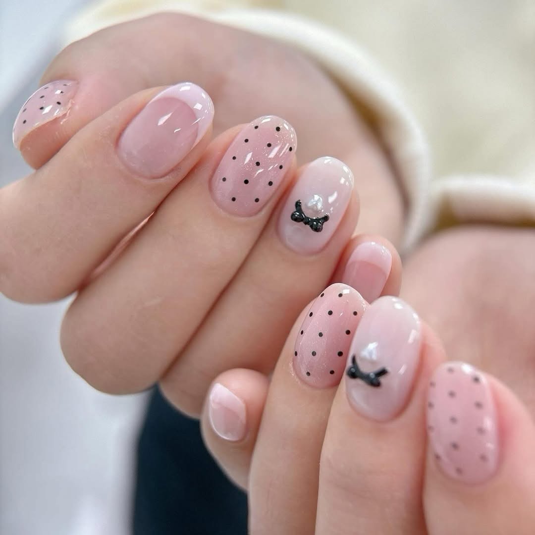 Soft Pink Polka Dot Bow Charm Oval Nails
