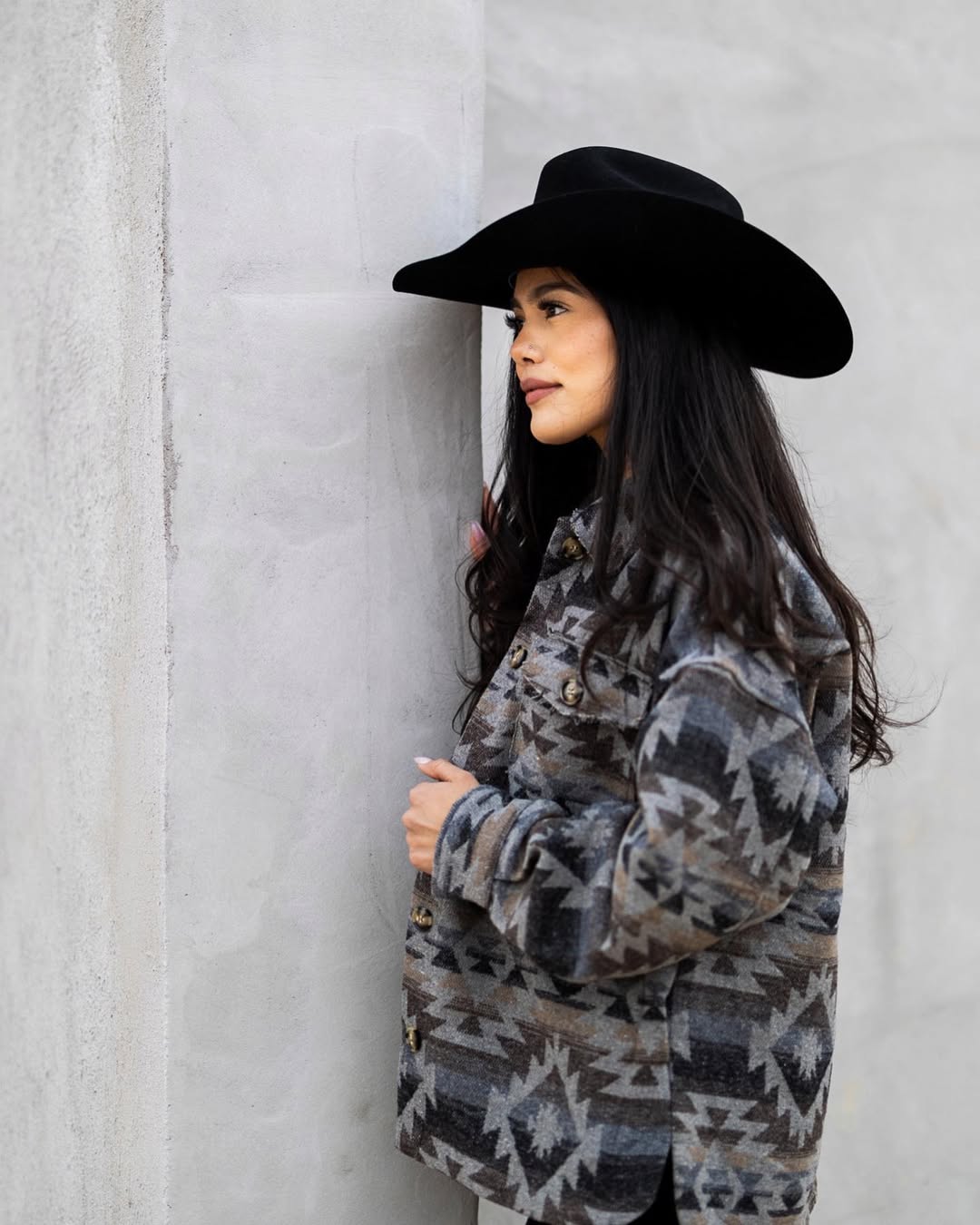Southwestern Print Shacket With Black Cowboy Hat