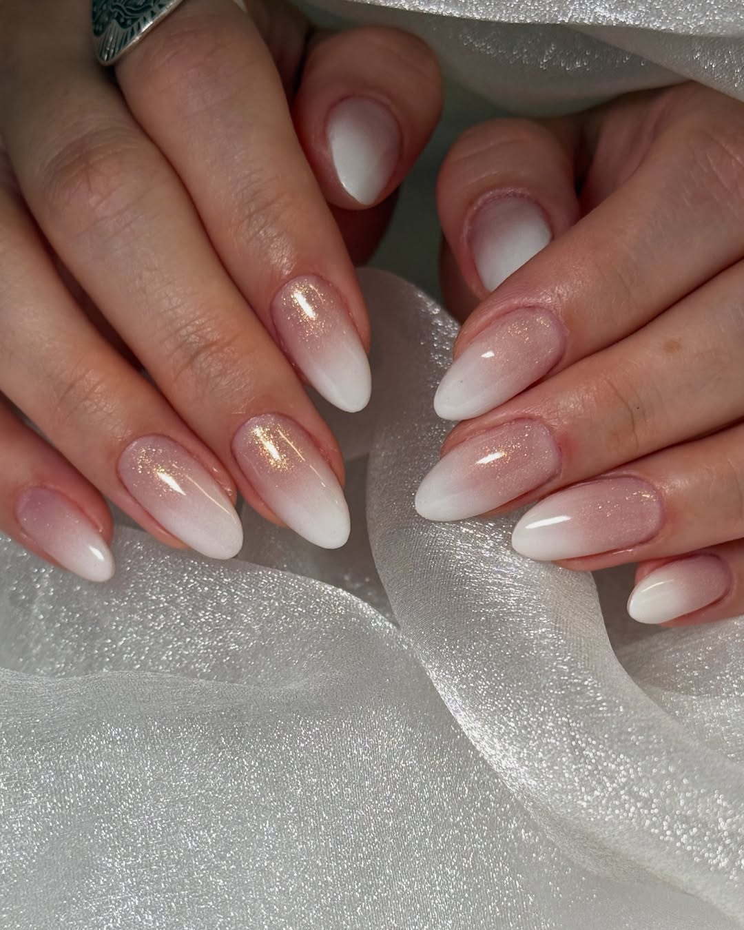 Sparkling Almond French Ombre Nails with Gold Glitter