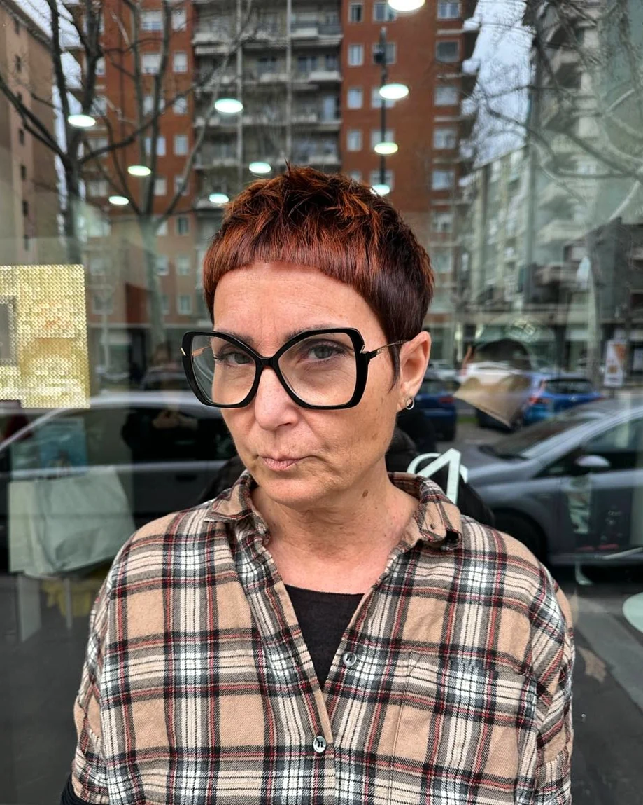 Spiky Auburn Pixie Cut With Blunt Micro Bangs