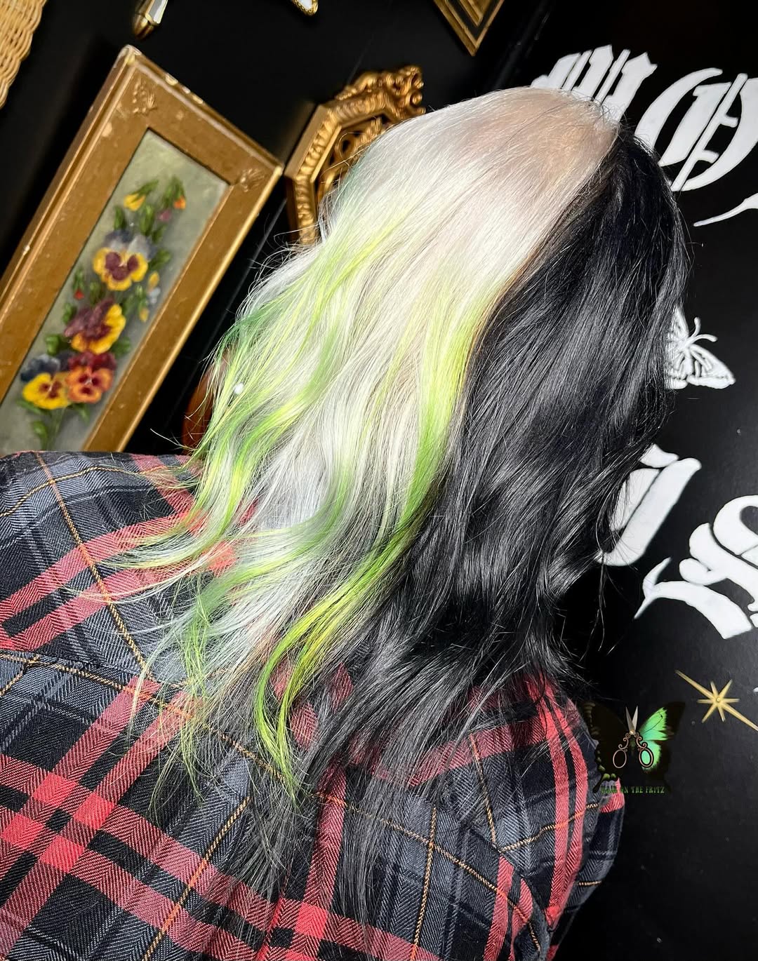Split Dye Platinum Black With Neon Green Streaks