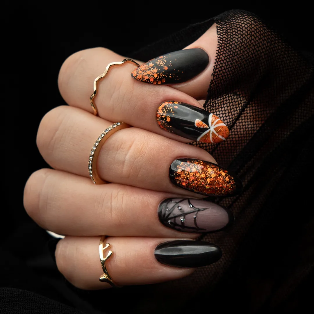 Spooky Black Orange Glitter Matte Gloss Spiderweb Nails