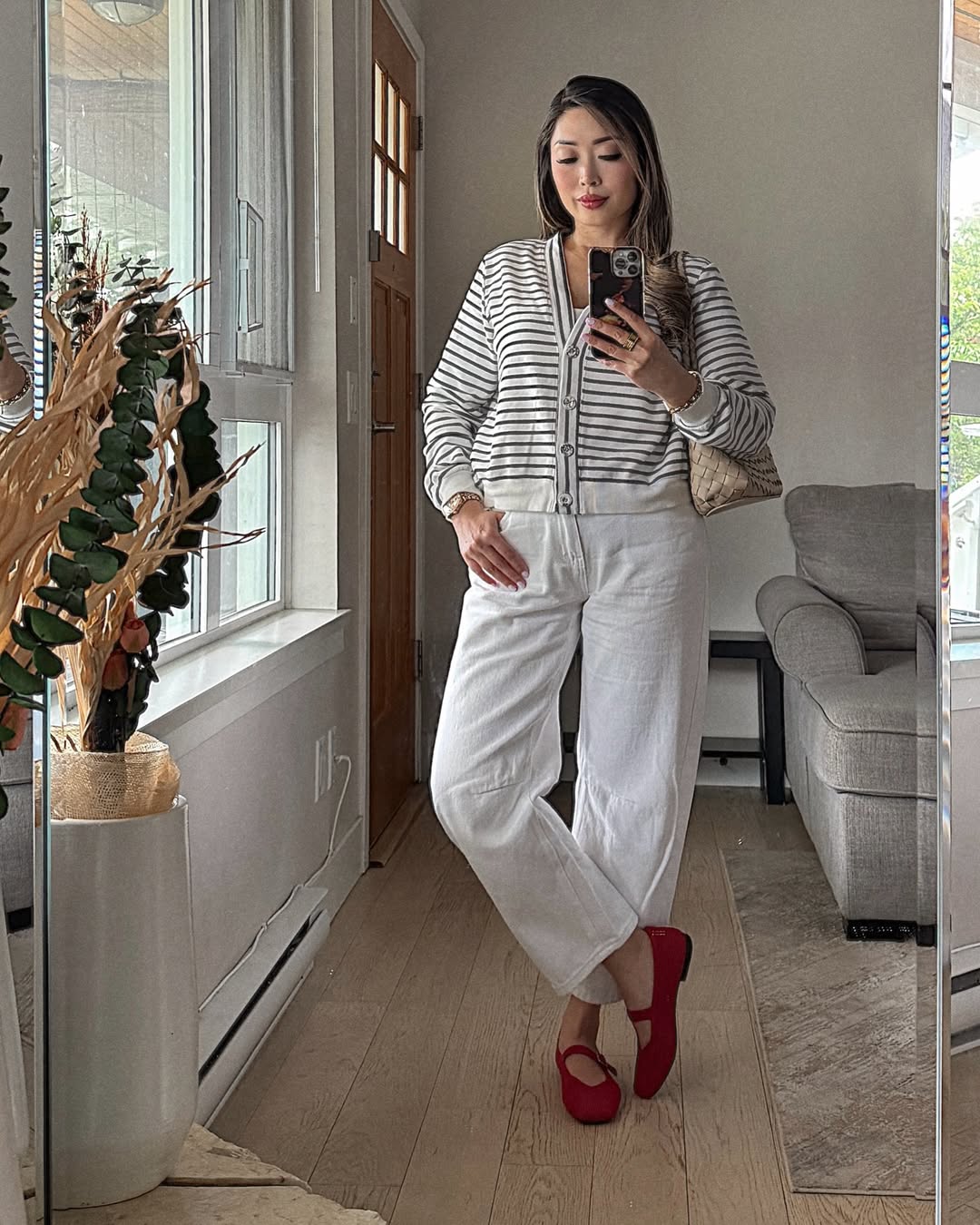 Striped Cardigan and White Wide Leg Pant Outfit