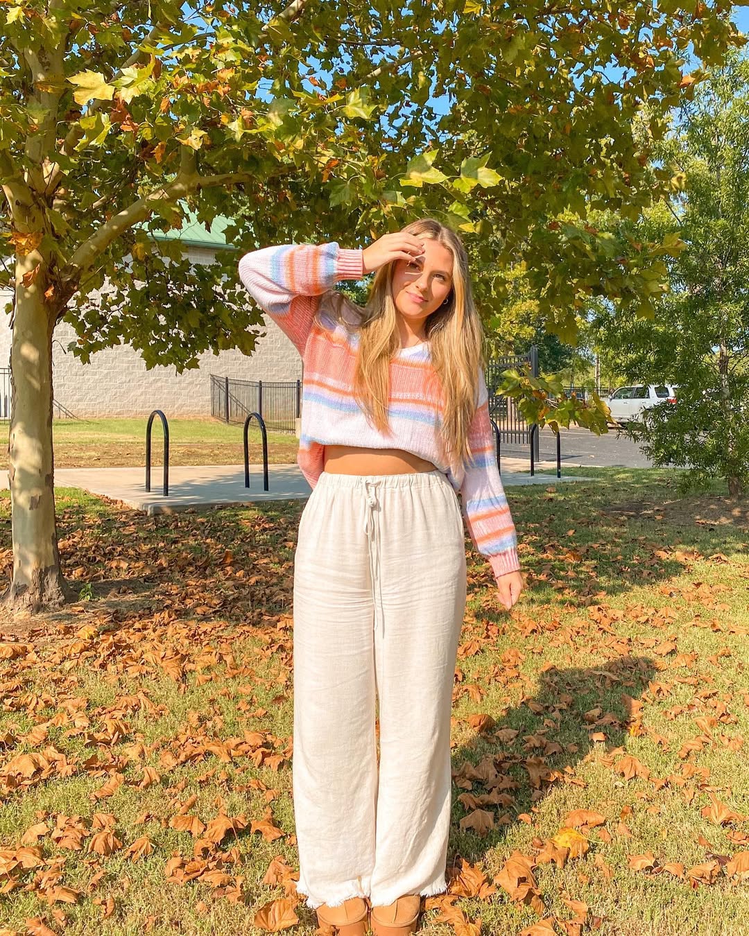 Striped Knit Sweater and Linen Pants Fall Outfit