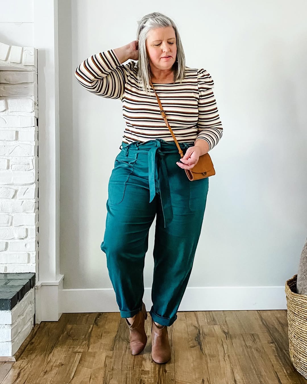 Striped Puff Sleeve Top With Emerald Paperbag Pants
