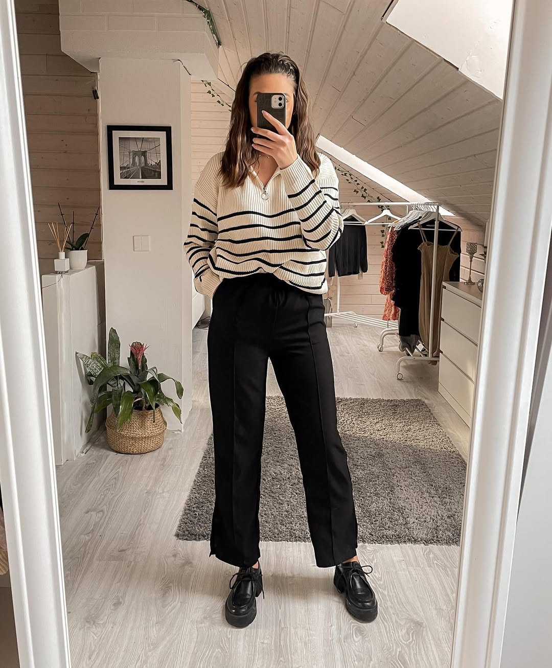 Striped Quarter Zip Knit With Black Wide Leg Trousers