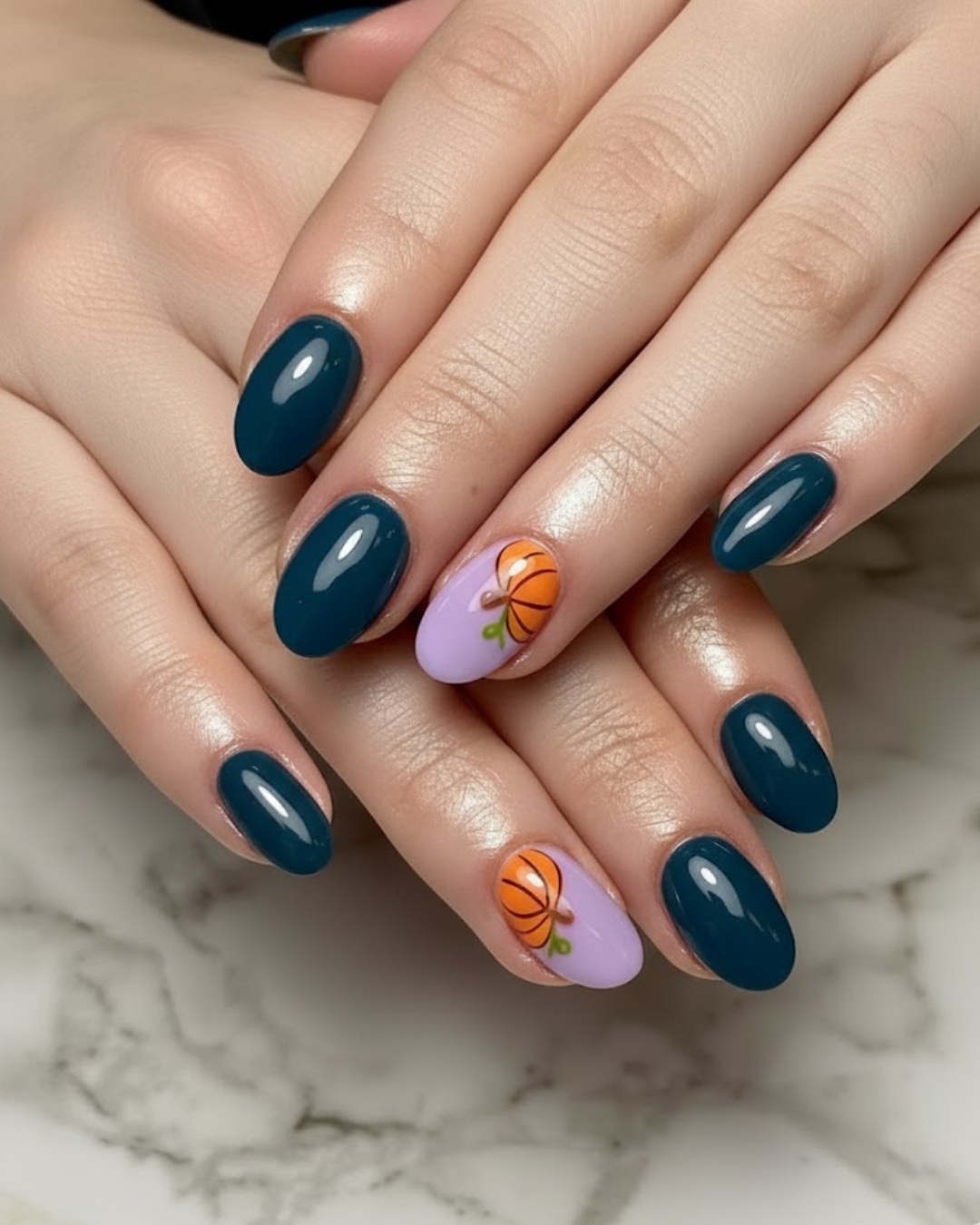 Teal and Lavender Pumpkin Oval Nails