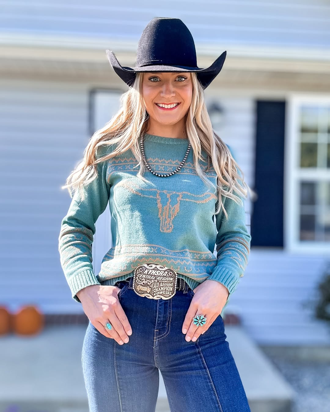 Teal Western Print Sweater With Denim Outfit