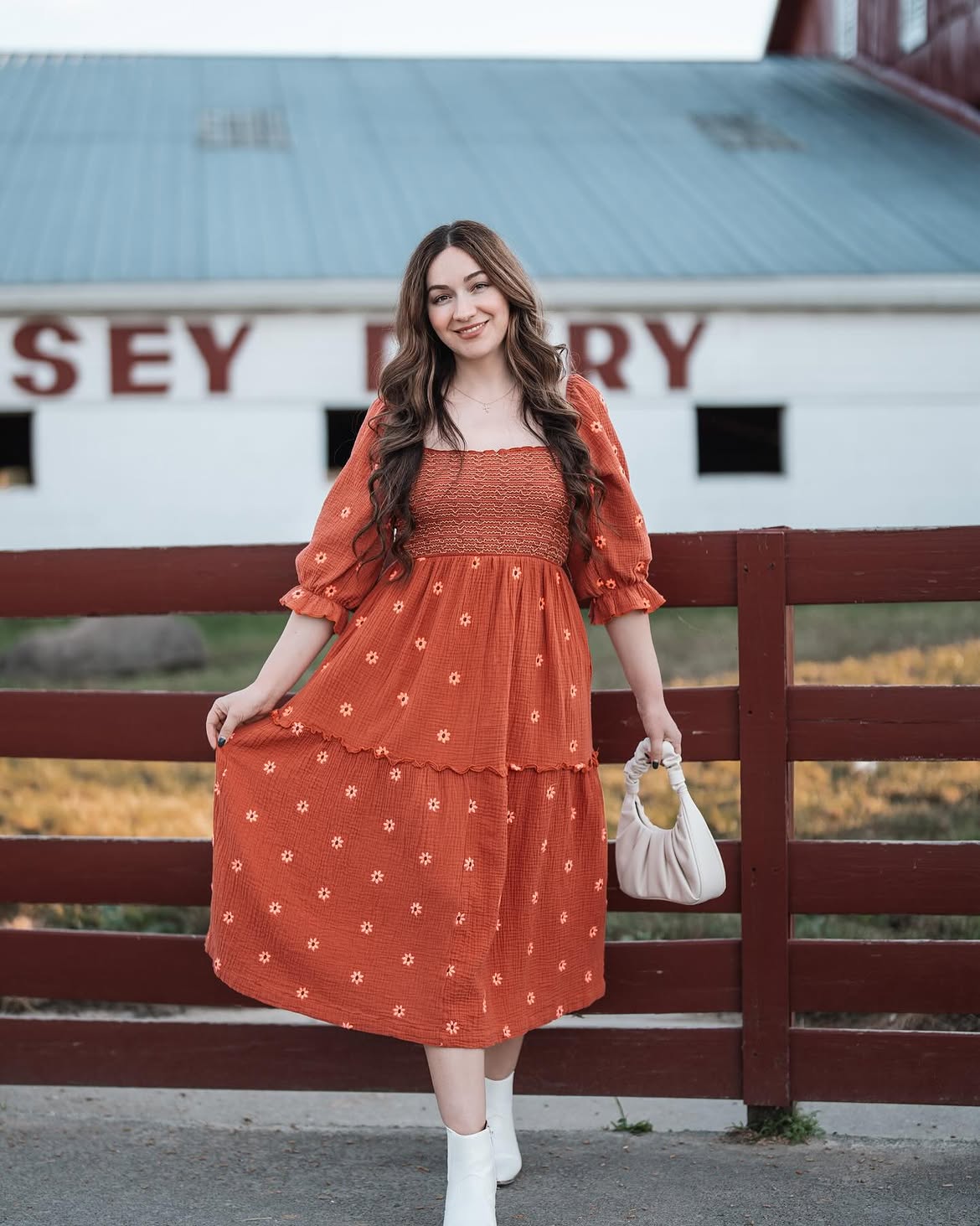 Terracotta Smocked Midi Dress With White Boots