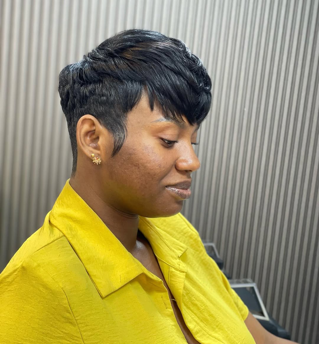 Textured Black Pixie With Feathered Bangs