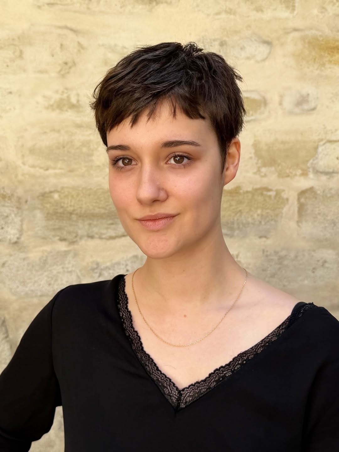Textured Brunette Pixie With Micro Bangs