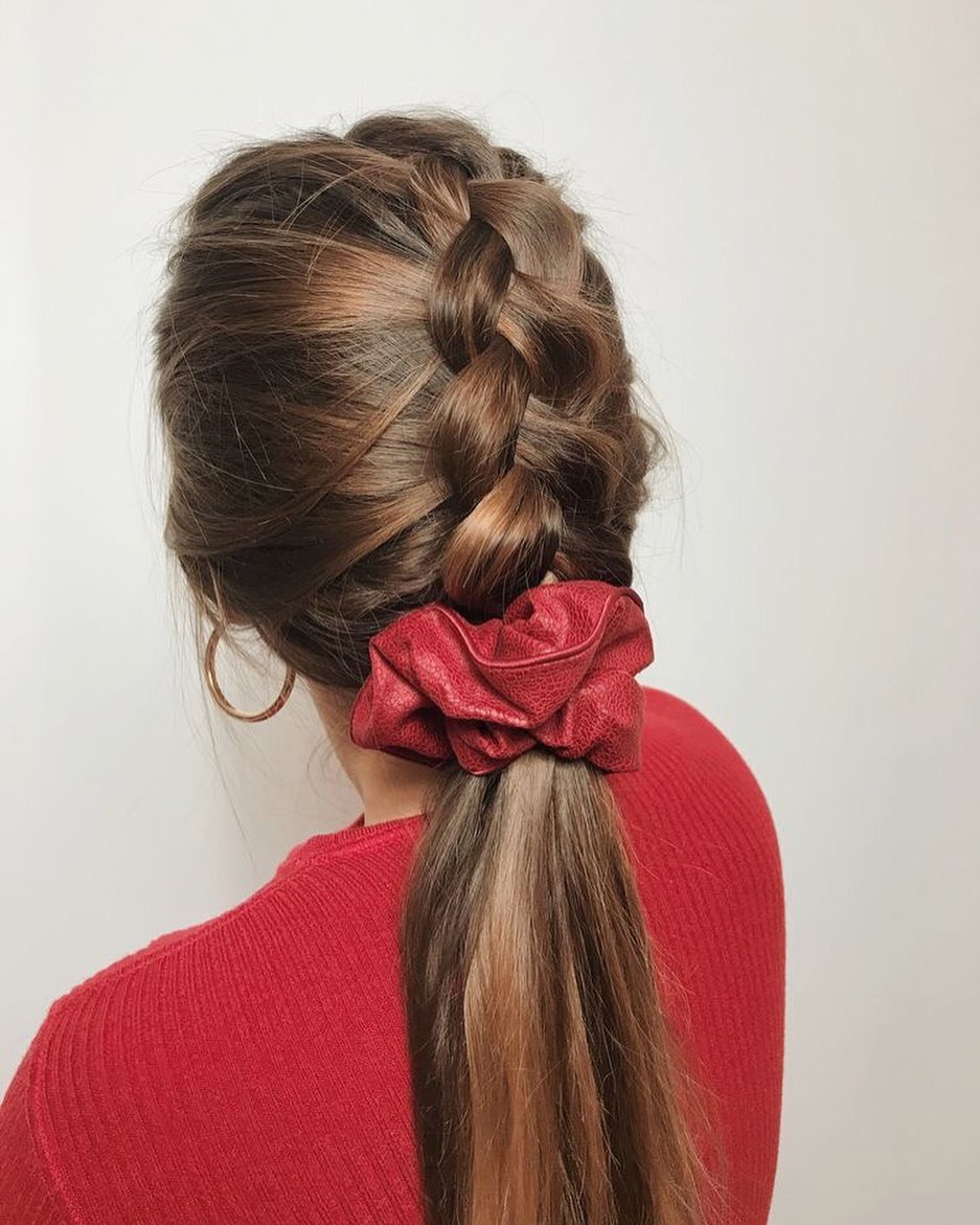 Textured Dutch Braid With Red Scrunchie