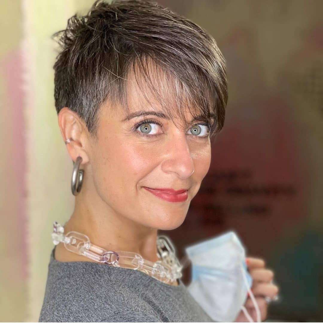 Textured Gray Pixie With Long Face-Framing Bangs