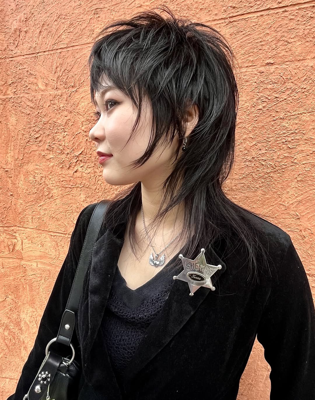 Textured Jet Black Mullet With Wispy Bangs