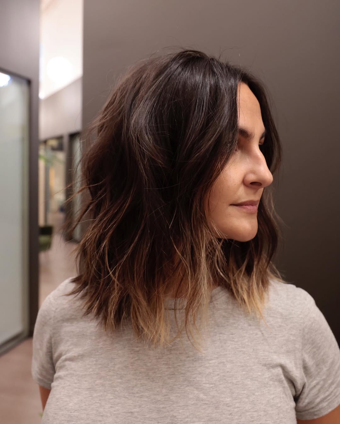 Textured Shoulder Length Lob With Caramel Ombre