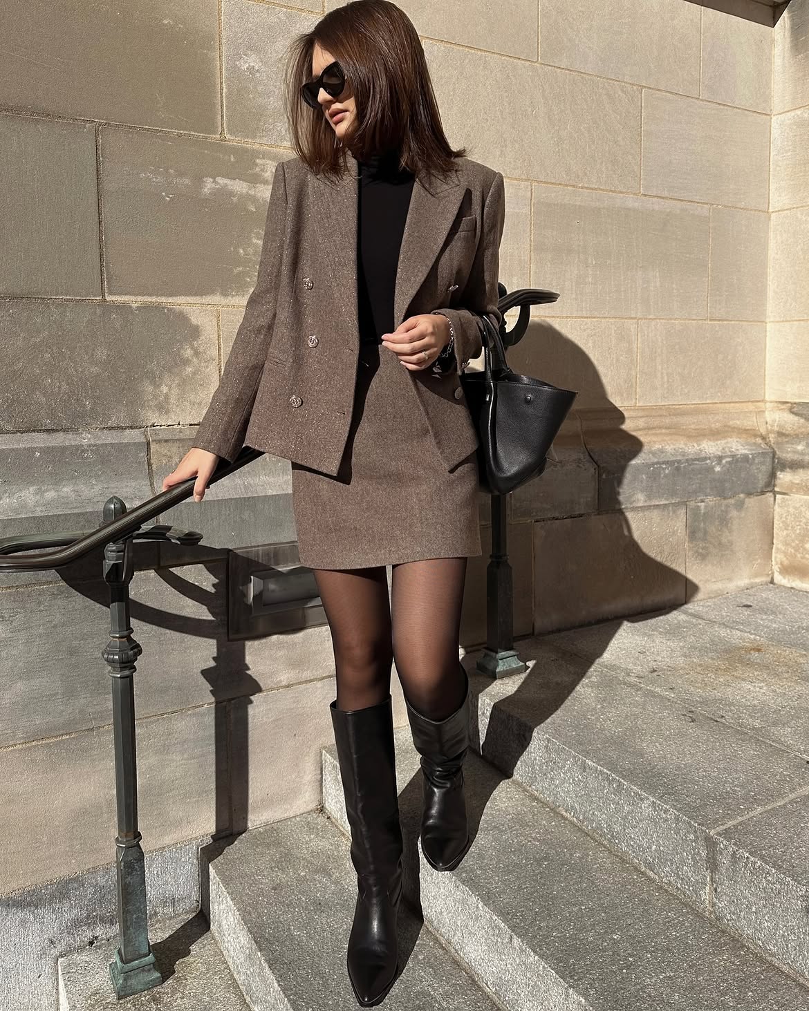 Textured Skirt Suit With Luxe Leather Boots