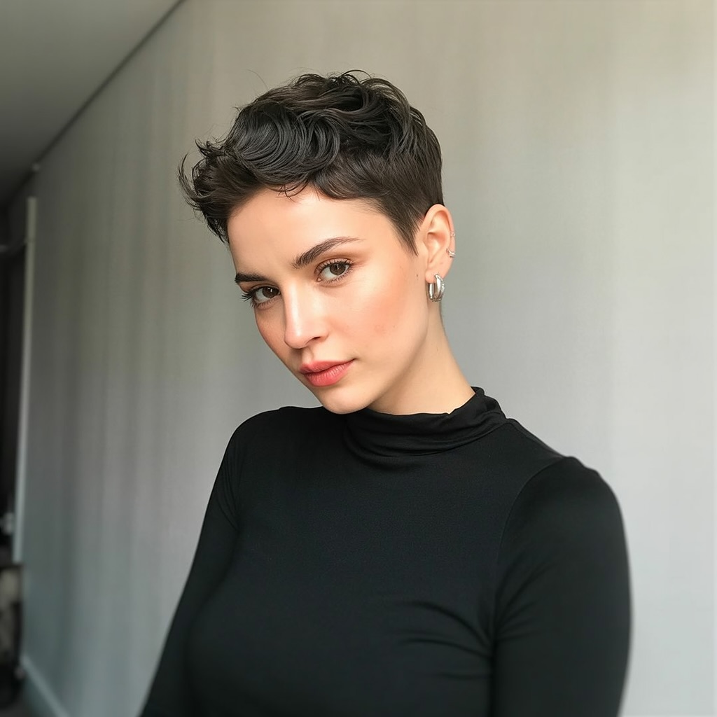 Textured Wavy Pixie With Dark Brown Hair