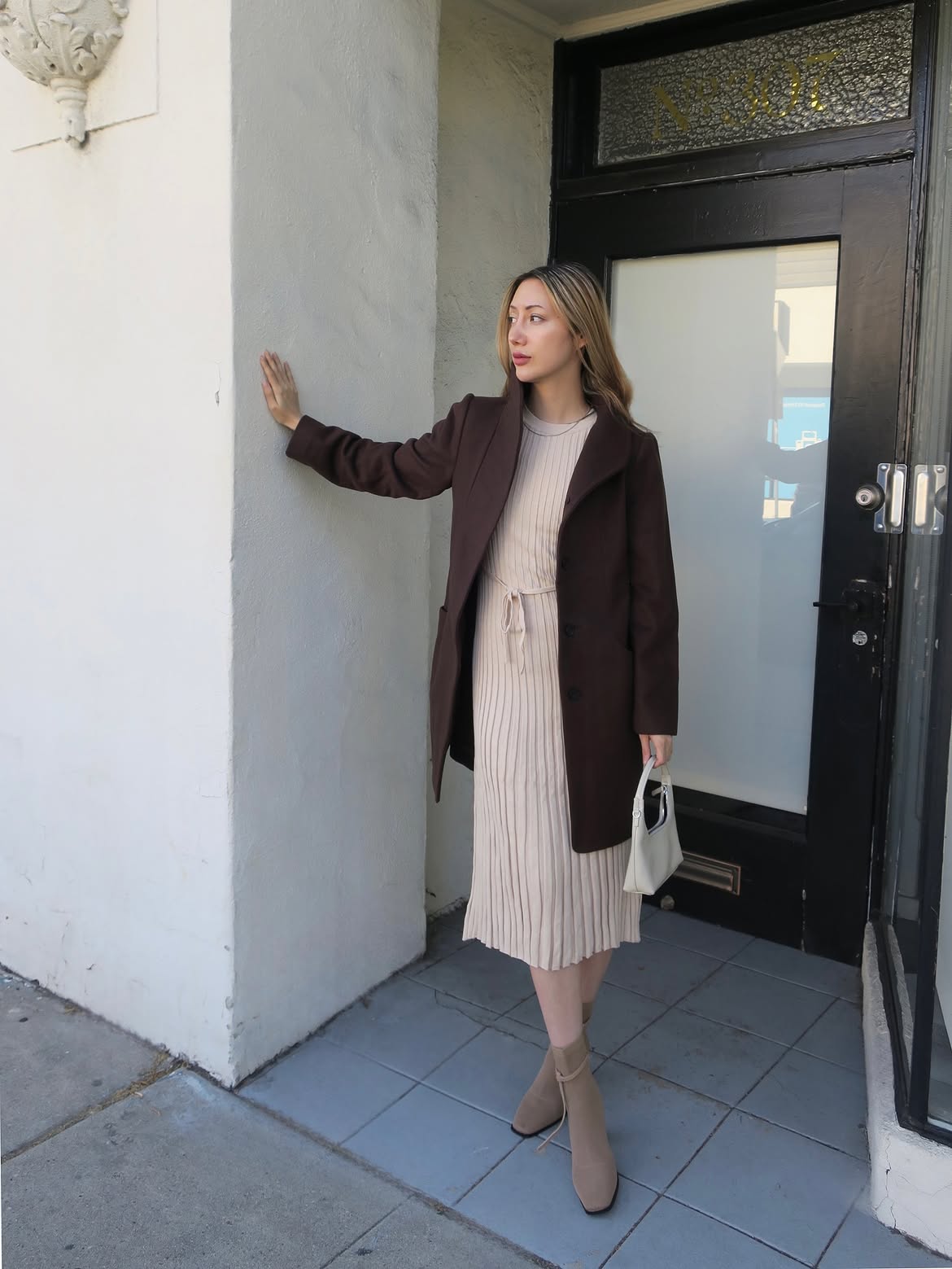 Tonal Ribbed Knit Midi Dress With Chocolate Blazer