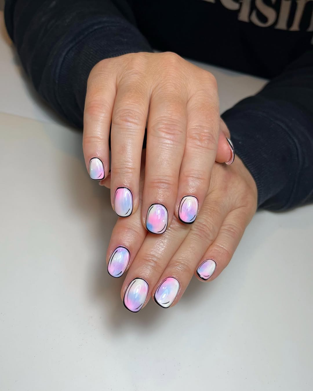 Toon Shaded Milky Pink Blue Round Cartoon Nails