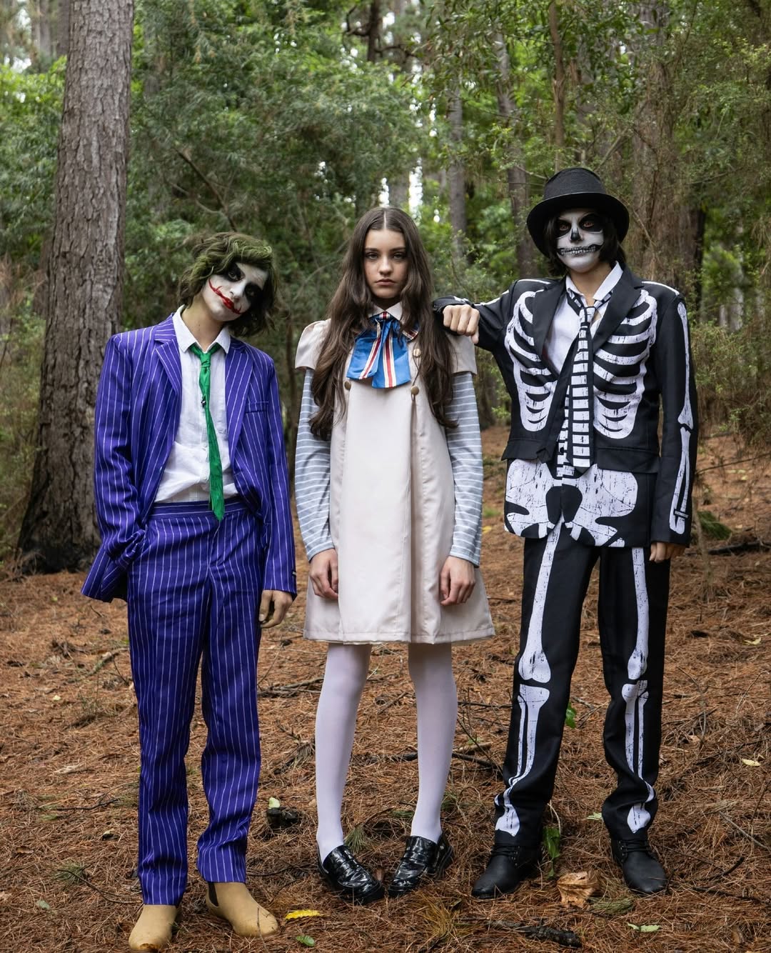 Trio Halloween Costumes: Joker, Spooky Doll, Skeleton