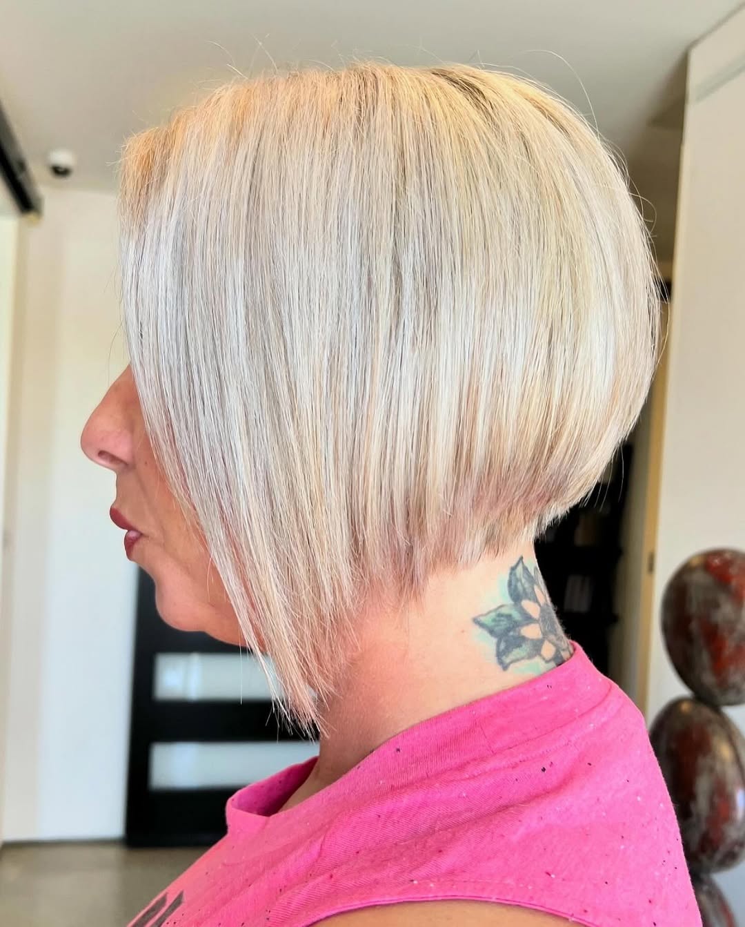 Ultra-Sleek Platinum Stacked Bob Haircut