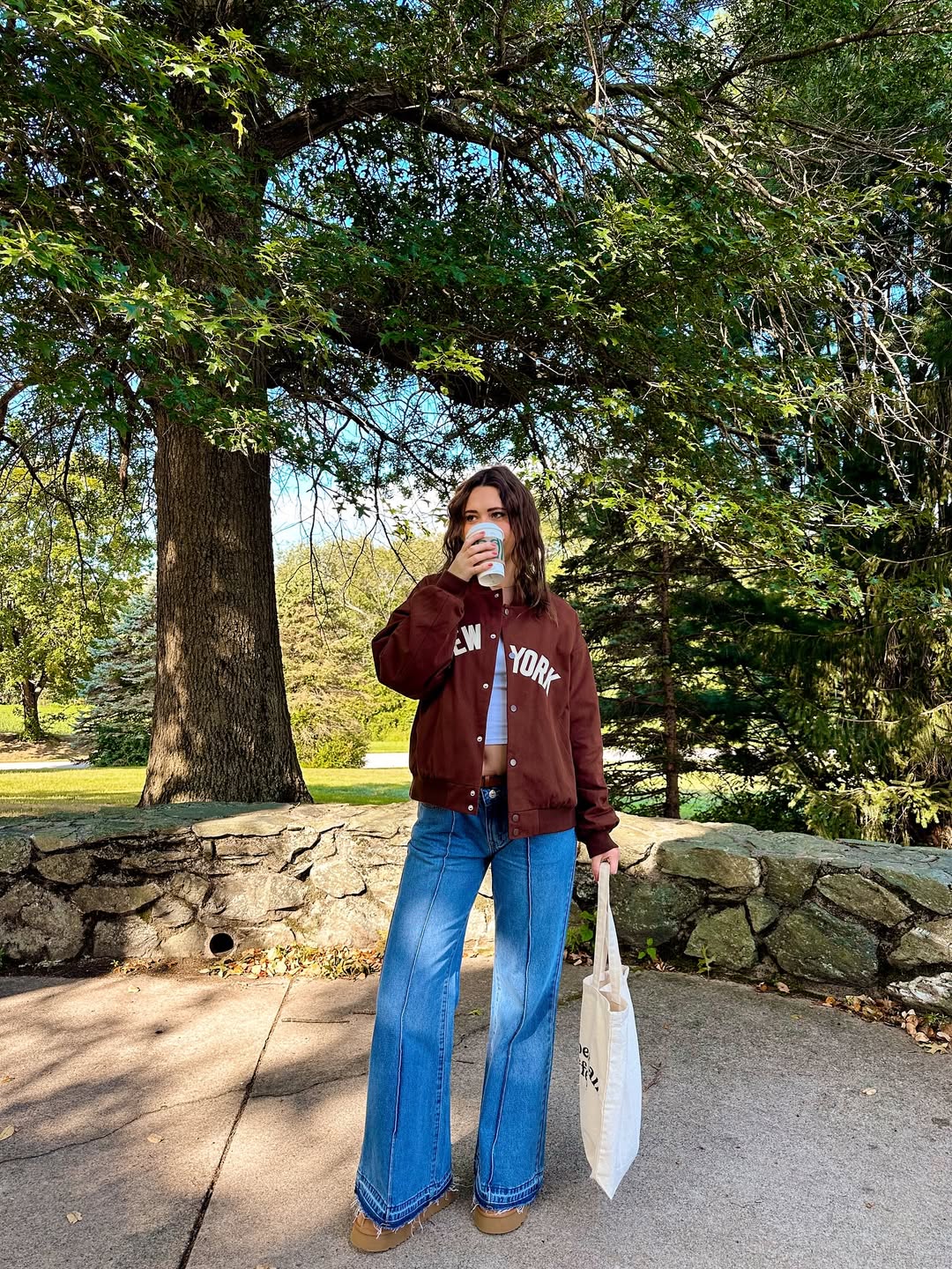 Varsity Bomber Jacket With Wide Leg Jeans