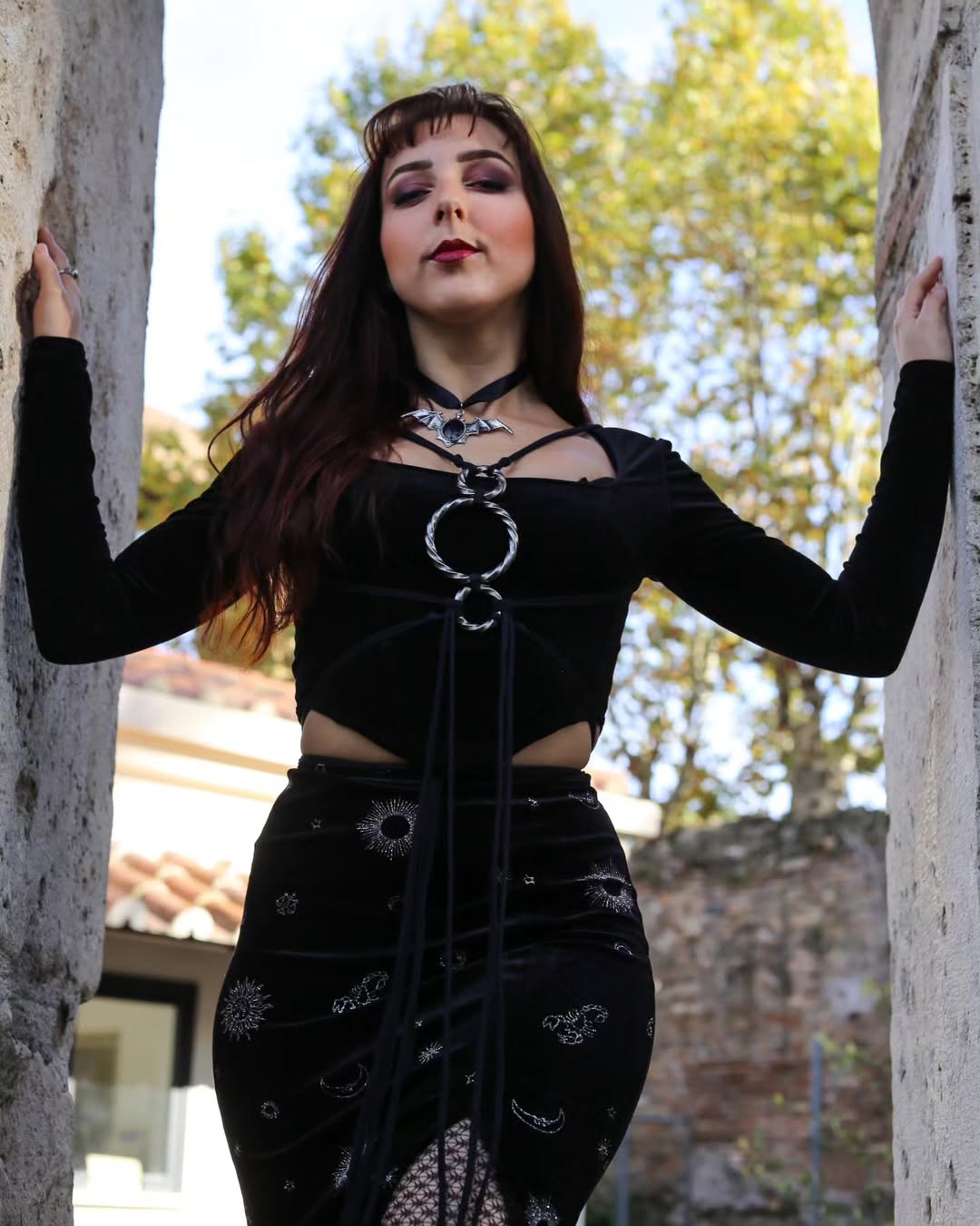 Velvet Celestial Print Midi Skirt and Cutout Top