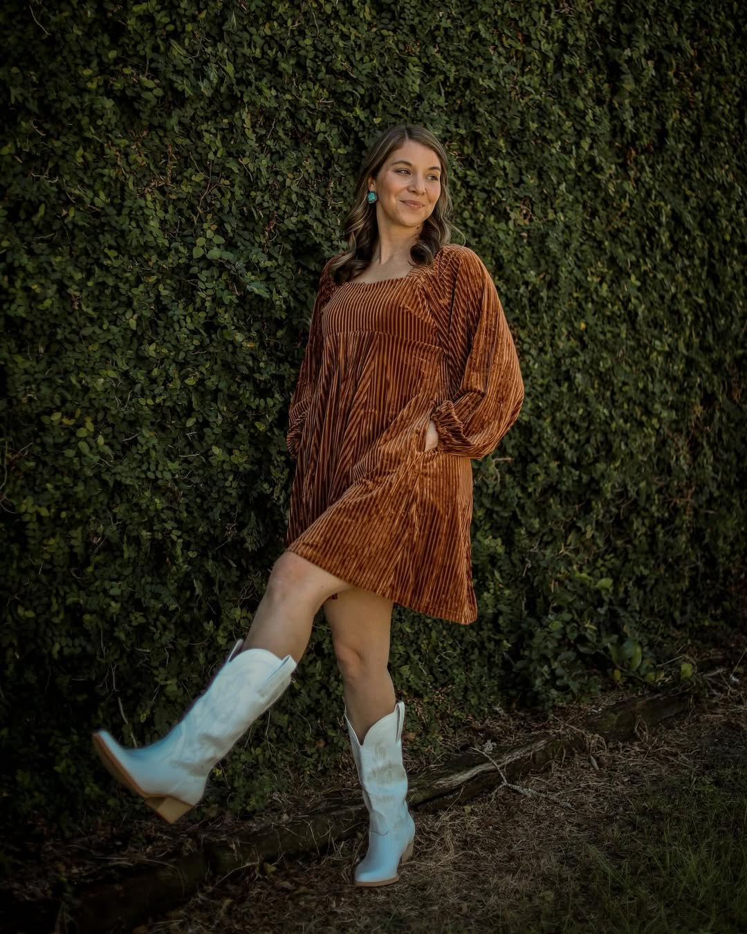 Velvet Dress Meets White Cowboy Boots Fall Look