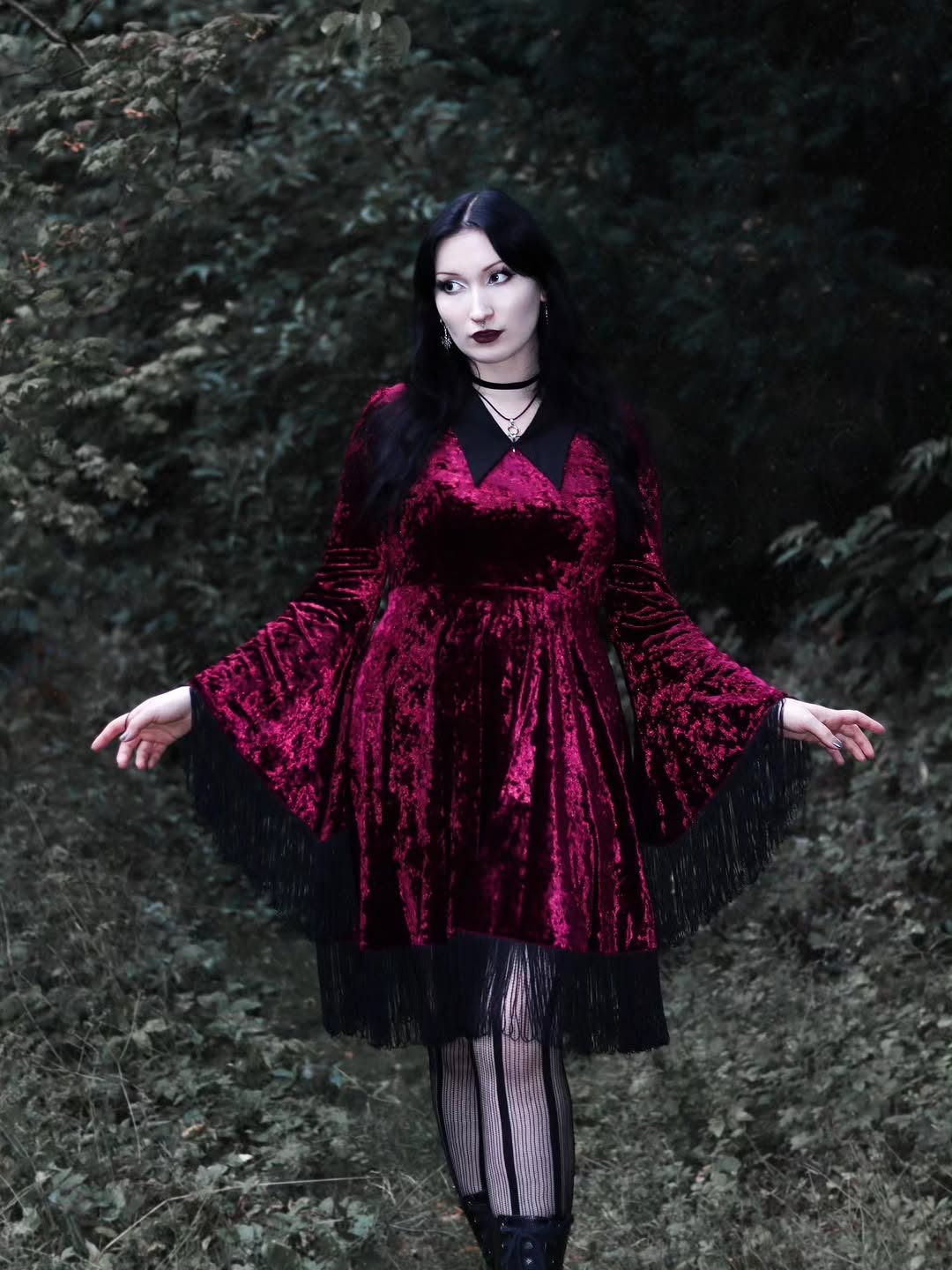 Velvet Dress With Fringe And Striped Tights