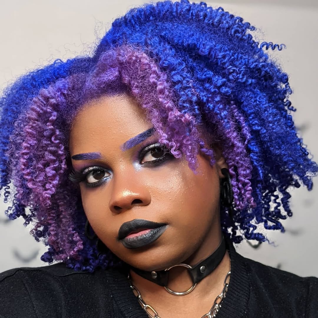 Vibrant Blue And Purple Split Curly Bob