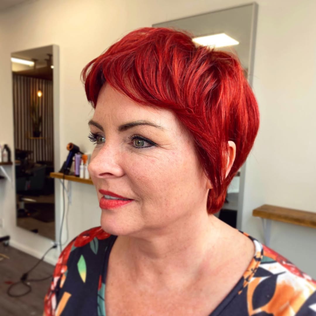 Vibrant Cherry Red Pixie Cut With Wispy Bangs